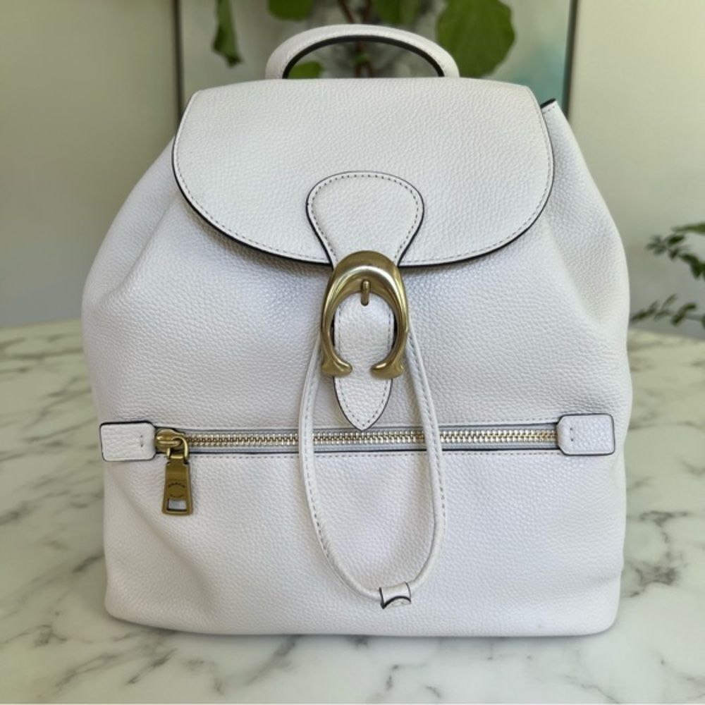 Coach Evie Polished Pebble Leather Backpack Chalk White Brass 68380 - Picture 1 of 16